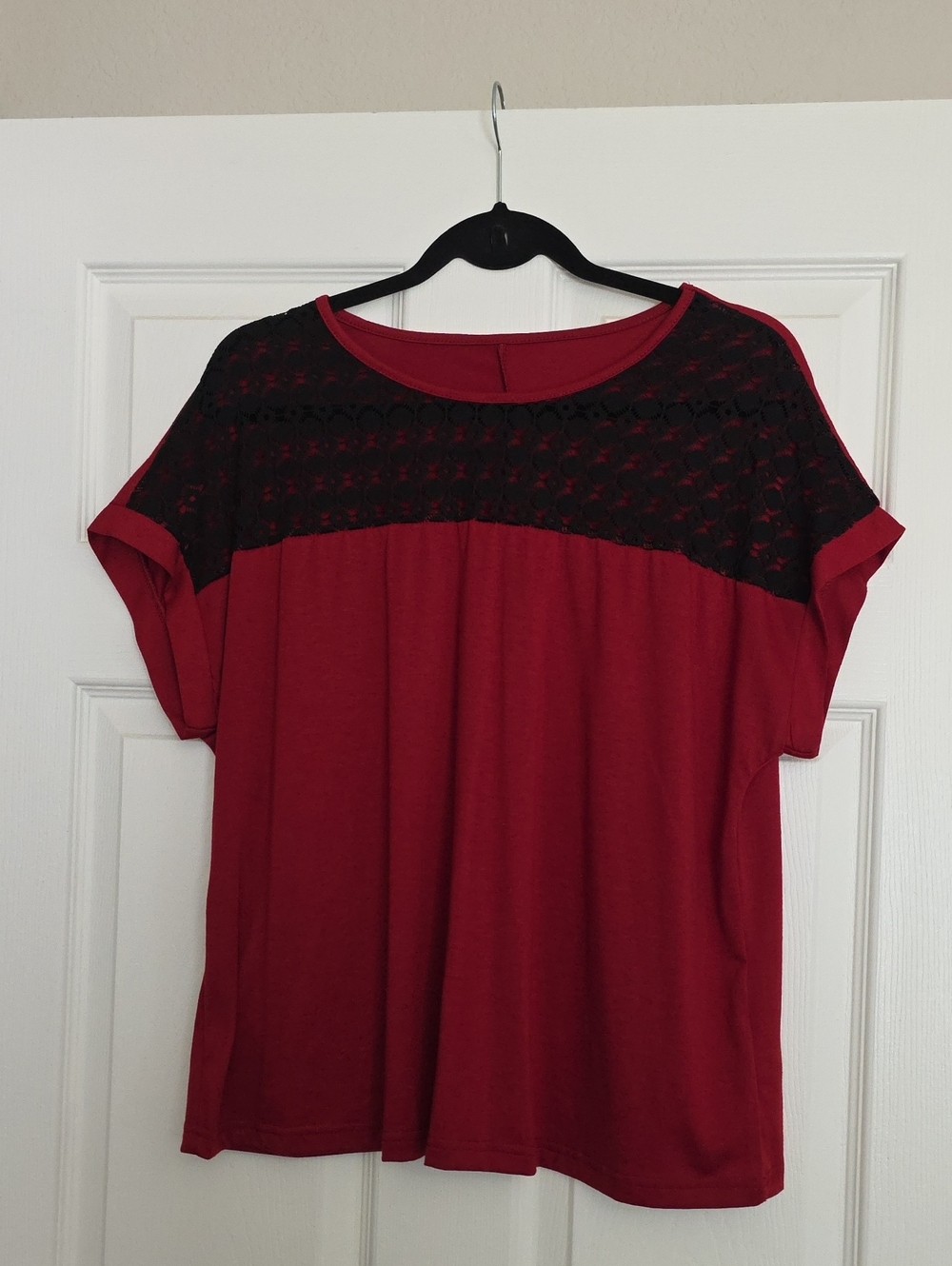 Red Short Sleeve Top with Black Lace Yoke
